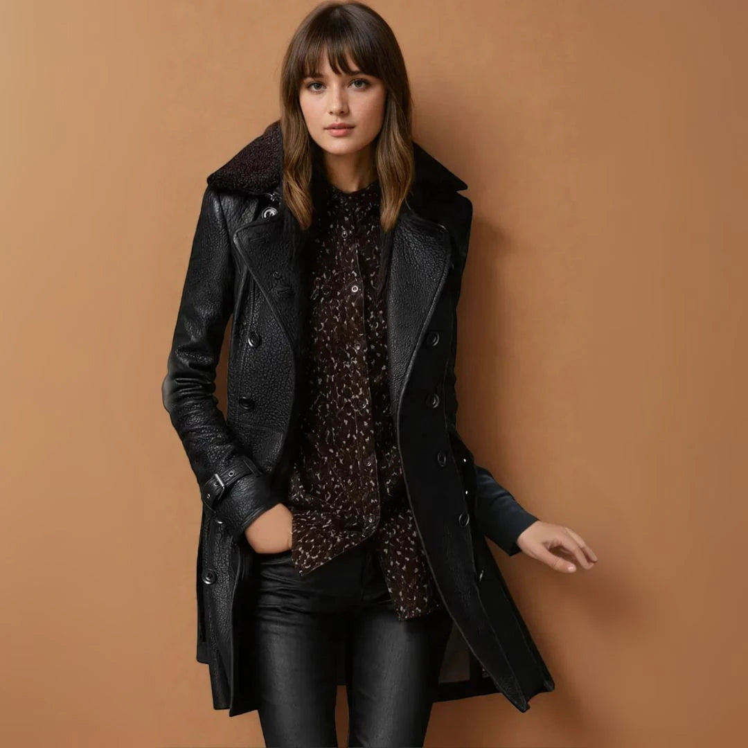 Dames Lange Leren Jas | Zwart