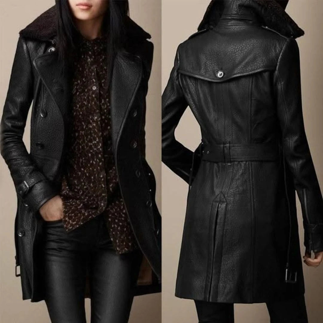 Dames Lange Leren Jas | Zwart