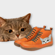 Dames leren enkellaarsjes | warme kat-print